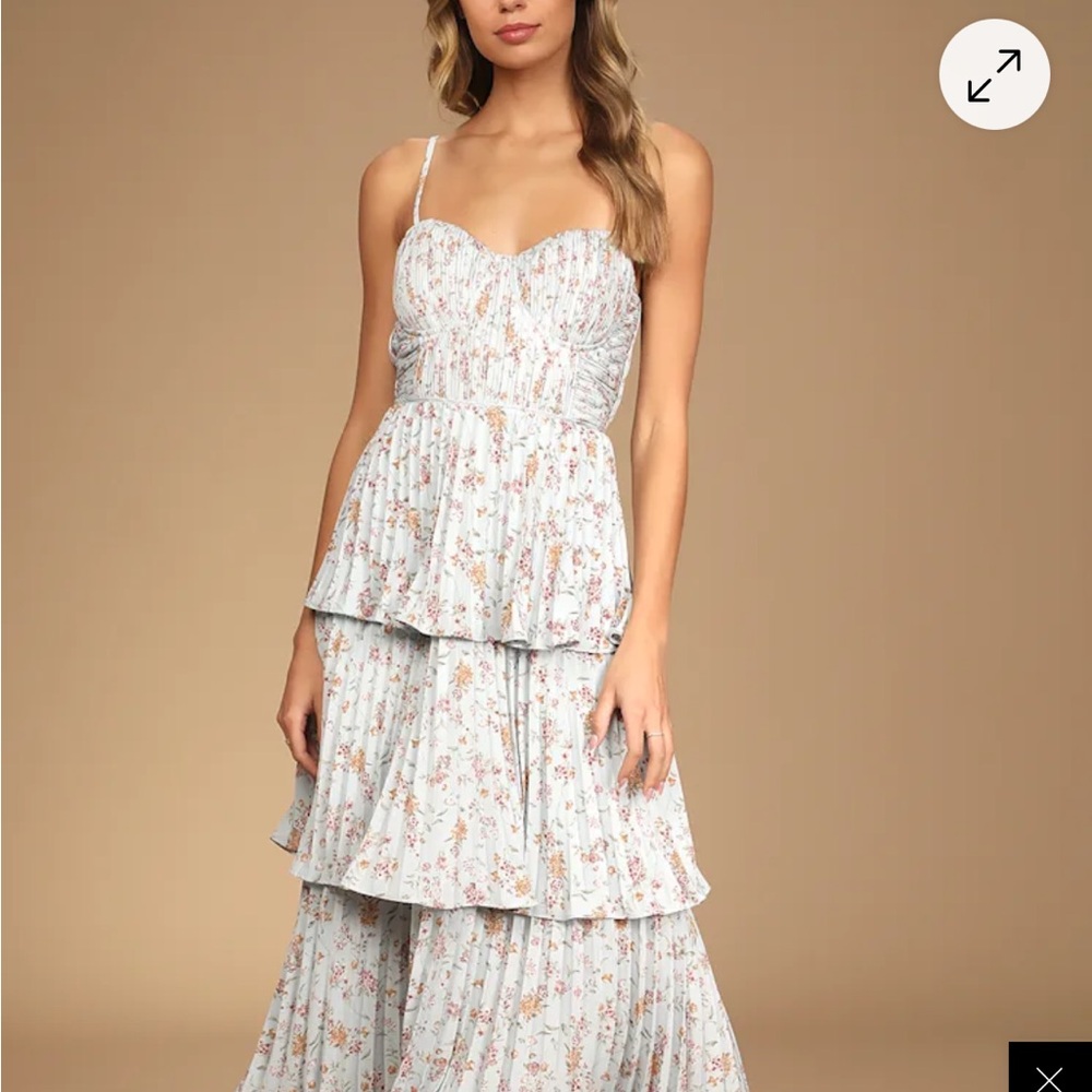 Lulu's Cascading Crush Pale Blue Floral Print Tiered Bustier Midi Dress